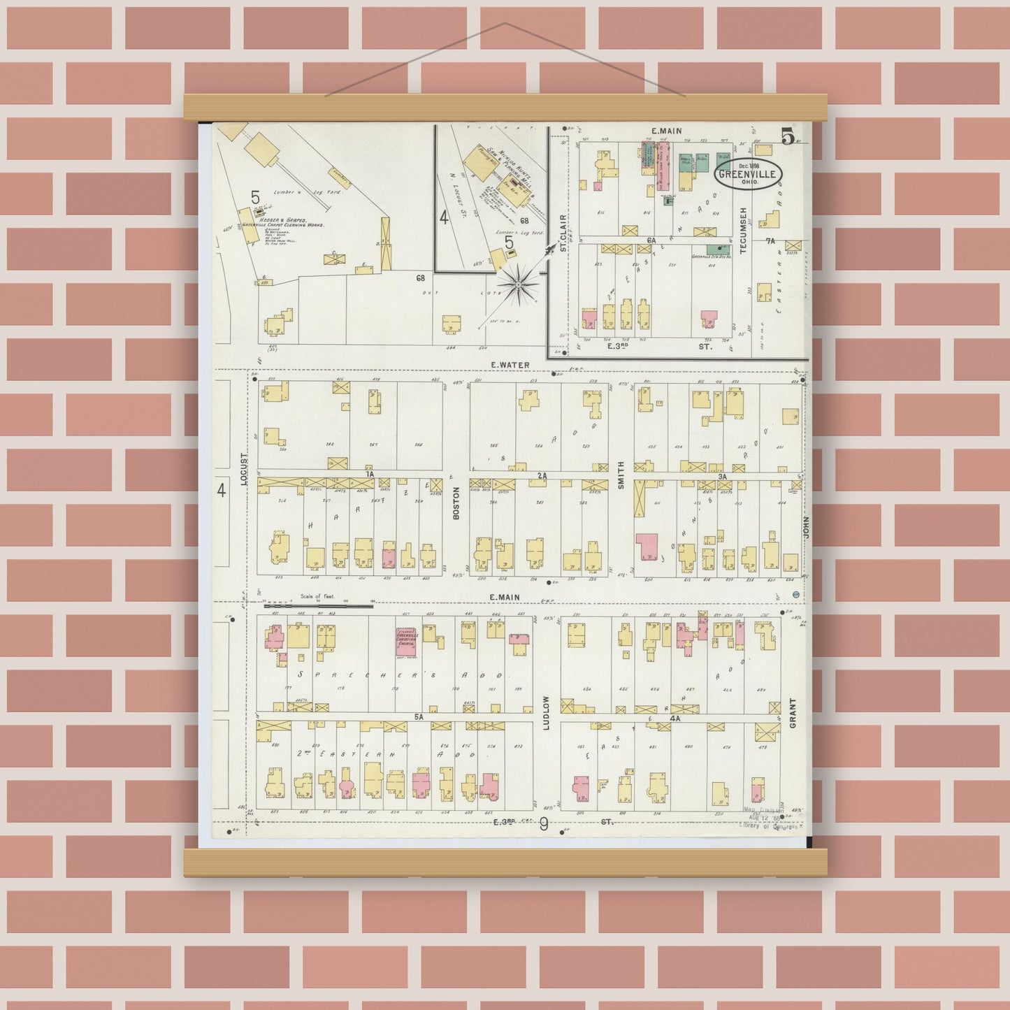 Old map wall art mockup — magnetic wood frame on brick wall — Sanborn Fire Insurance Map from Greenville, Darke County, Ohio (1898), Sheet #0005