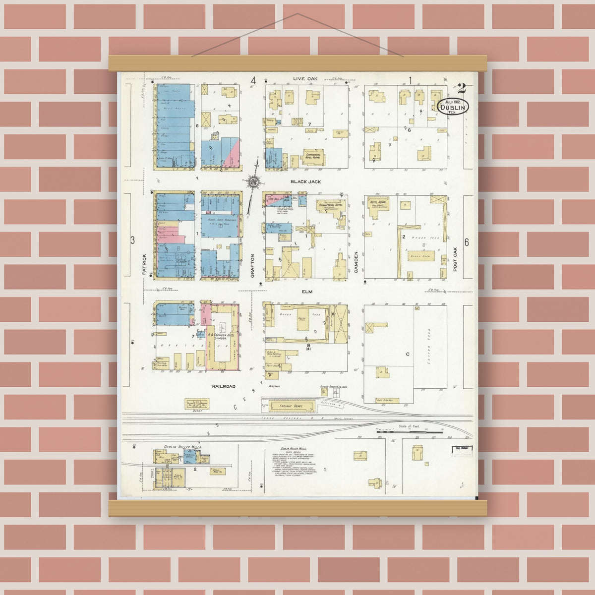 Old map wall art mockup — magnetic wood frame on brick wall — Sanborn Fire Insurance Map from Dublin, Erath County, Texas (1912), Sheet #0002