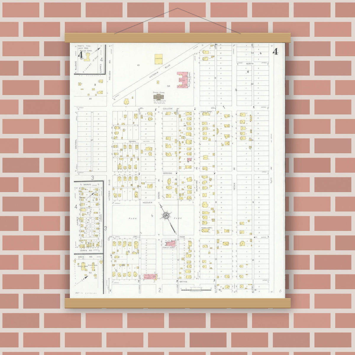 Old map wall art mockup — magnetic wood frame on brick wall — Sanborn Fire Insurance Map from Taft, San Patricio County, Texas (1933), Sheet #0004