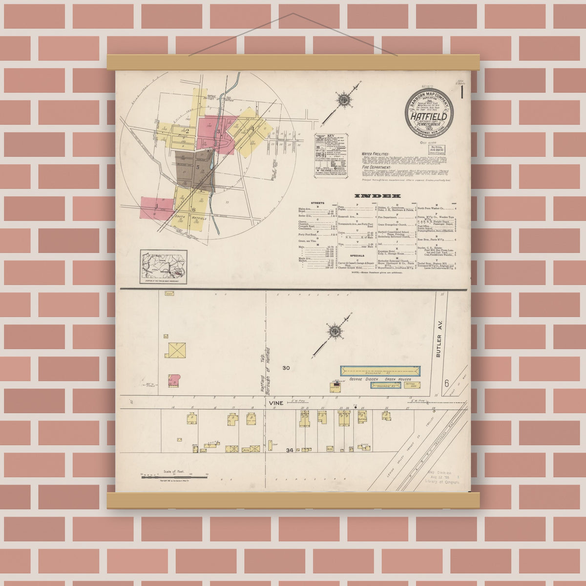 Old map wall art mockup — magnetic wood frame on brick wall — Sanborn Fire Insurance Map from Hatfield, Montgomery County, Pennsylvania (1922), Sheet #0001
