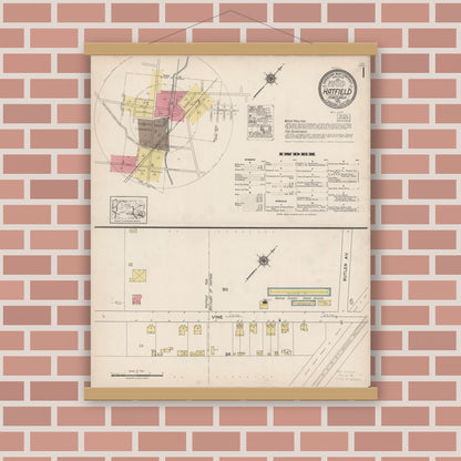 Old map wall art mockup — magnetic wood frame on brick wall — Sanborn Fire Insurance Map from Hatfield, Montgomery County, Pennsylvania (1922), Sheet #0001