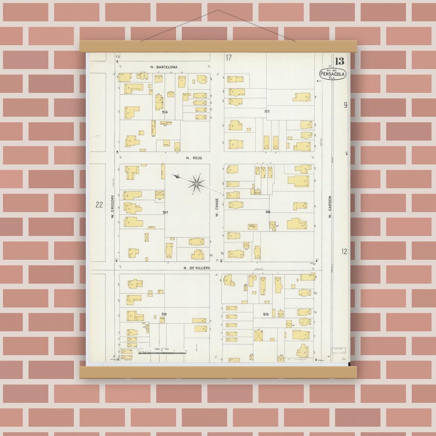 Old map wall art mockup — magnetic wood frame on brick wall — Sanborn Fire Insurance Map from Pensacola, Escambia County, Florida (1903), Sheet #0013