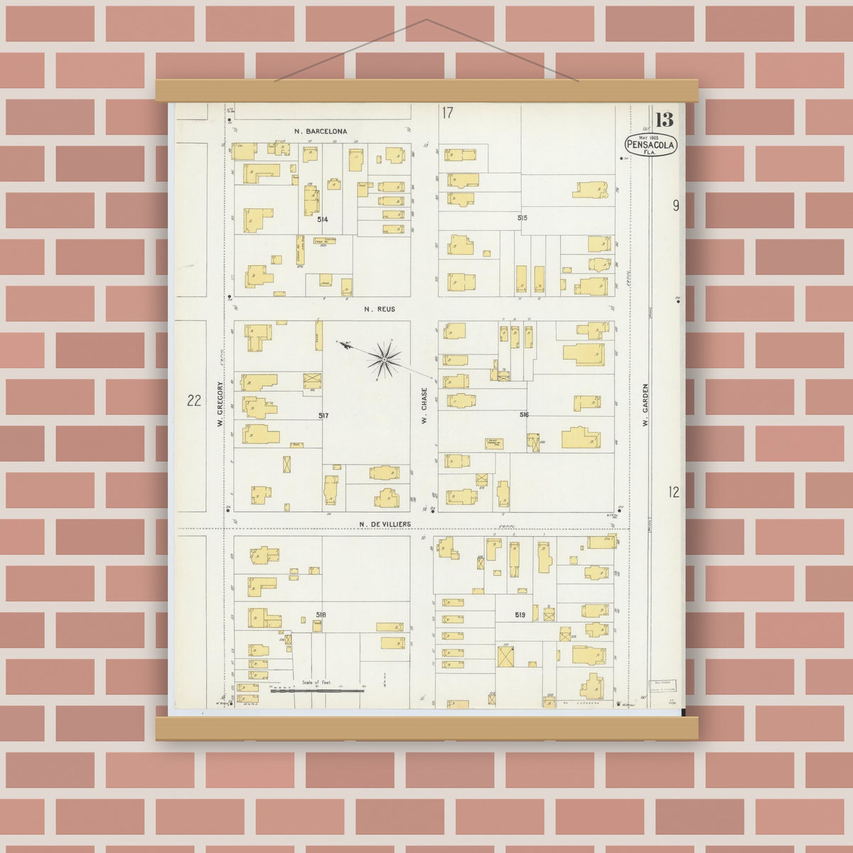 Old map wall art mockup — magnetic wood frame on brick wall — Sanborn Fire Insurance Map from Pensacola, Escambia County, Florida (1903), Sheet #0013