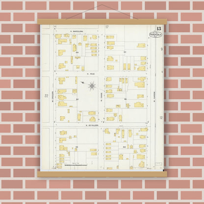 Old map wall art mockup — magnetic wood frame on brick wall — Sanborn Fire Insurance Map from Pensacola, Escambia County, Florida (1903), Sheet #0013