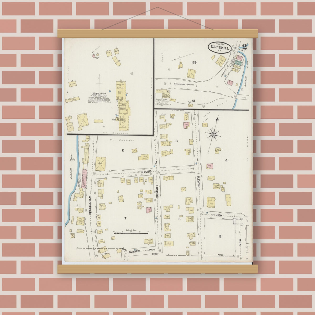 Old map wall art mockup — magnetic wood frame on brick wall — Sanborn Fire Insurance Map from Catskill, Greene County, New York (1889), Sheet #0002