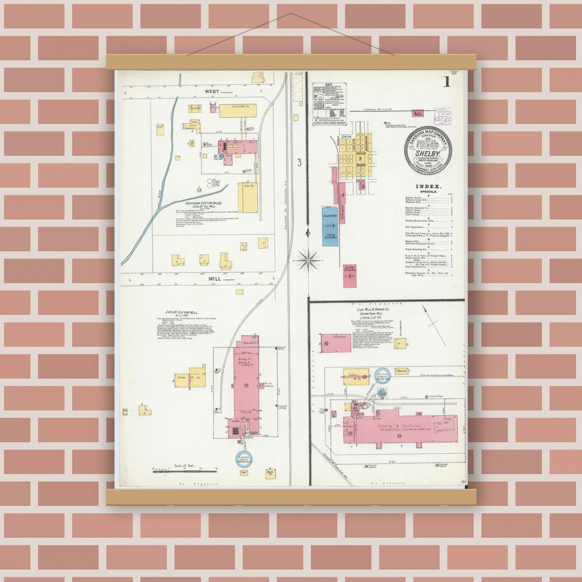 Old map wall art mockup — magnetic wood frame on brick wall — Sanborn Fire Insurance Map from Shelby, Cleveland County, North Carolina (1905) - Complete Map Set
