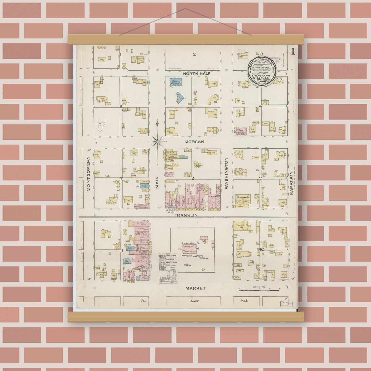 Old map wall art mockup — magnetic wood frame on brick wall — Sanborn Fire Insurance Map from Spencer, Owen County, Indiana (1886) - Complete Map Set