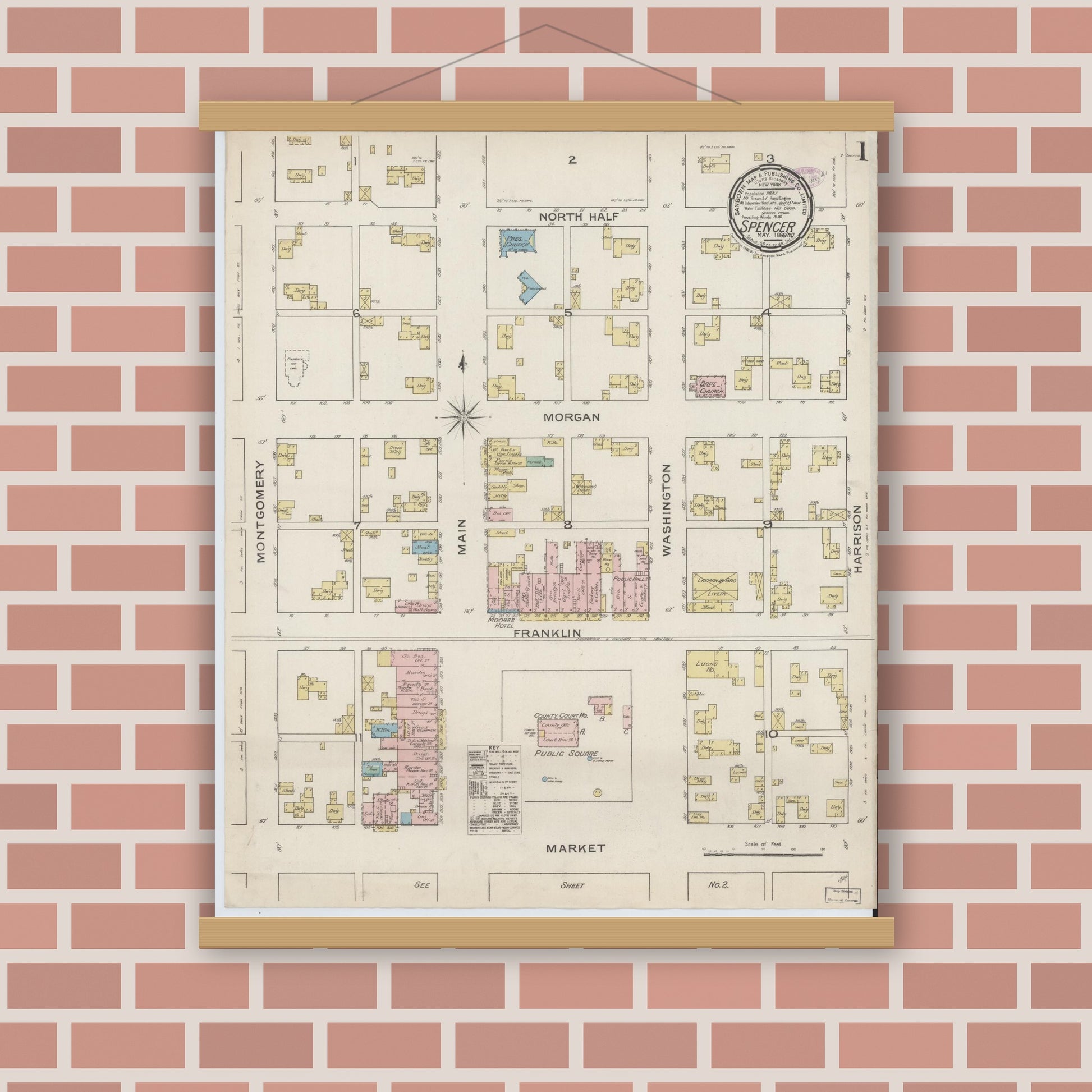 Old map wall art mockup — magnetic wood frame on brick wall — Sanborn Fire Insurance Map from Spencer, Owen County, Indiana (1886) - Complete Map Set