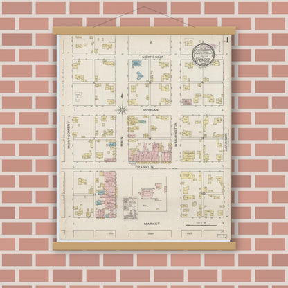 Old map wall art mockup — magnetic wood frame on brick wall — Sanborn Fire Insurance Map from Spencer, Owen County, Indiana (1886) - Complete Map Set