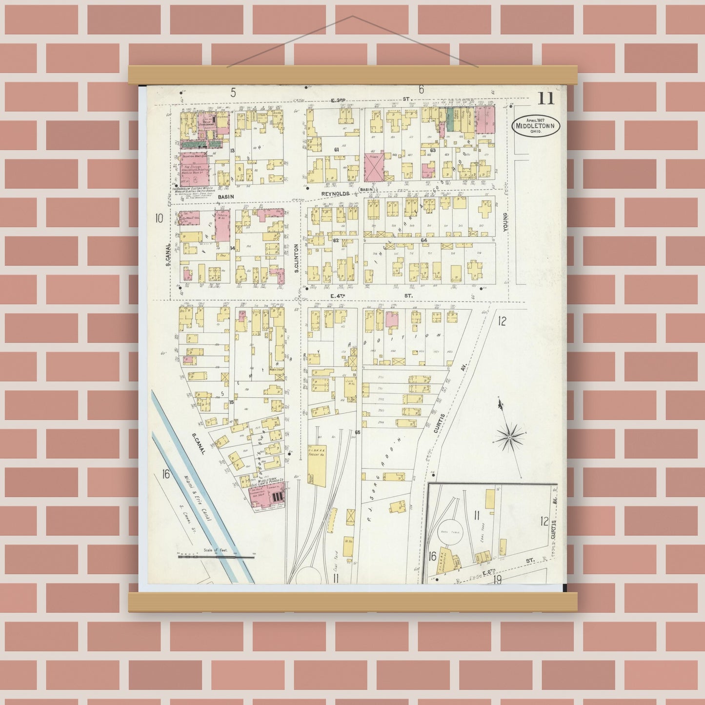 Old map wall art mockup — magnetic wood frame on brick wall — Sanborn Fire Insurance Map from Middletown, Butler County, Ohio (1907), Sheet #0011