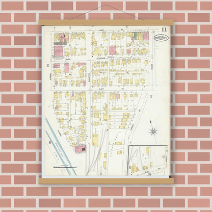 Old map wall art mockup — magnetic wood frame on brick wall — Sanborn Fire Insurance Map from Middletown, Butler County, Ohio (1907), Sheet #0011