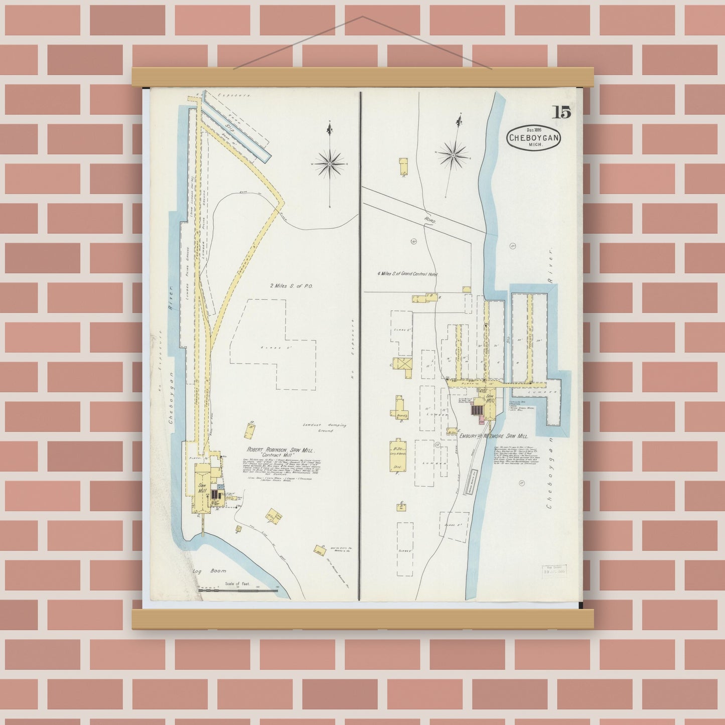 Old map wall art mockup — magnetic wood frame on brick wall — Sanborn Fire Insurance Map from Cheboygan, Cheboygan County, Michigan (1895), Sheet #0015