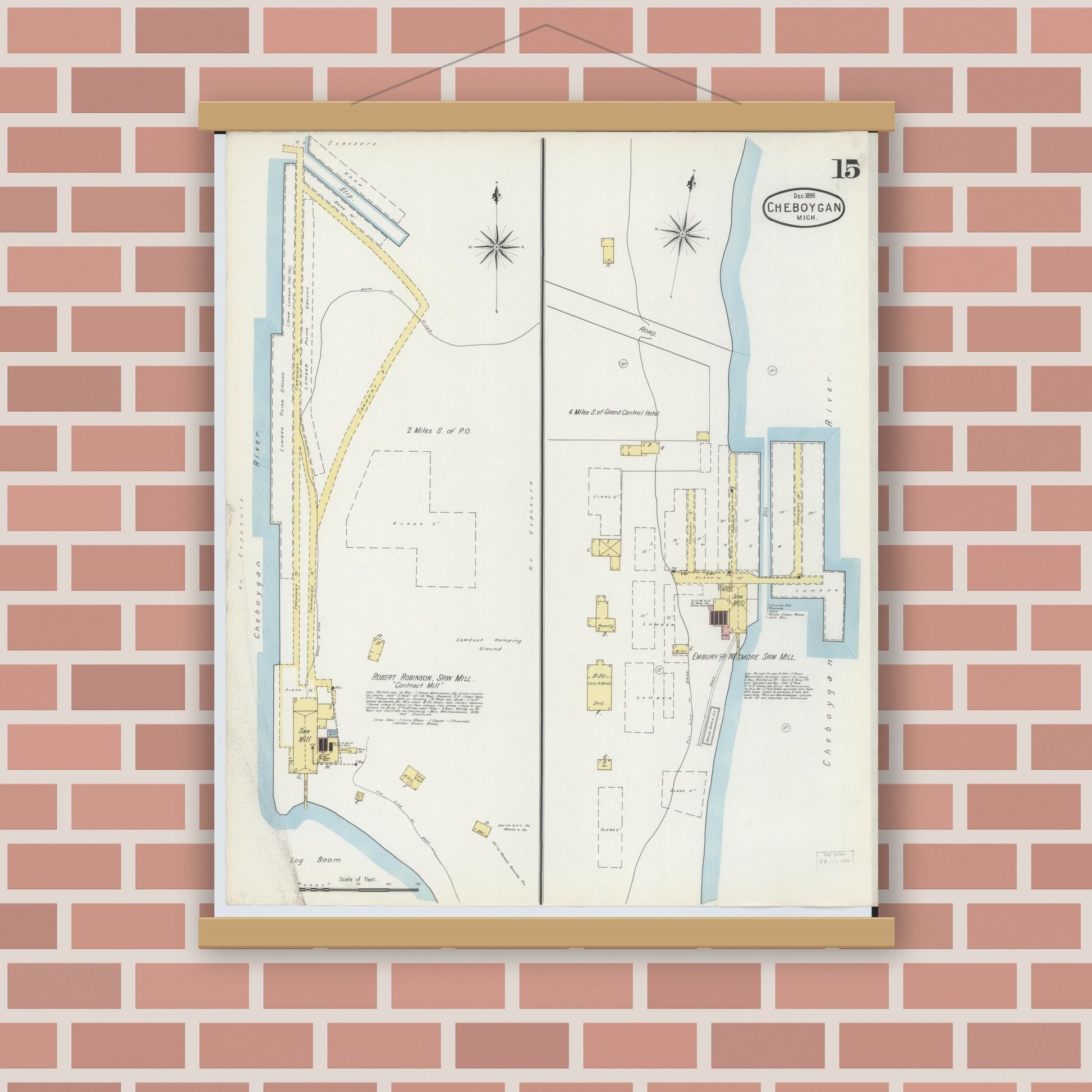 Old map wall art mockup — magnetic wood frame on brick wall — Sanborn Fire Insurance Map from Cheboygan, Cheboygan County, Michigan (1895), Sheet #0015