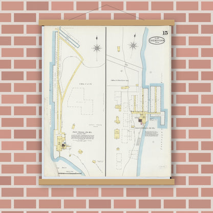 Old map wall art mockup — magnetic wood frame on brick wall — Sanborn Fire Insurance Map from Cheboygan, Cheboygan County, Michigan (1895), Sheet #0015