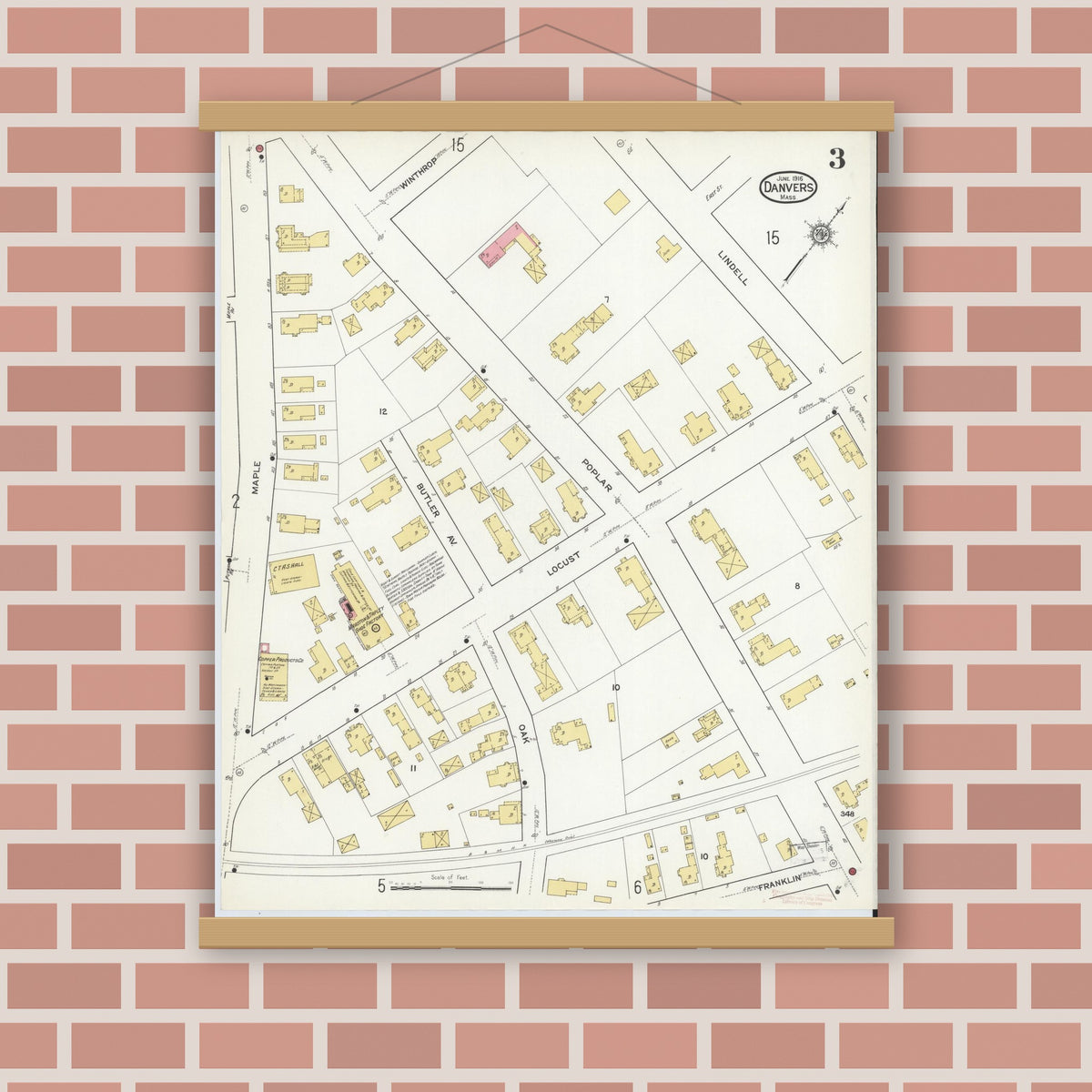 Old map wall art mockup — magnetic wood frame on brick wall — Sanborn Fire Insurance Map from Danvers, Essex County, Massachusetts (1916), Sheet #0003