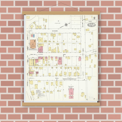Old map wall art mockup — magnetic wood frame on brick wall — Sanborn Fire Insurance Map from Woodsfield, Monroe County, Ohio (1911), Sheet #0002