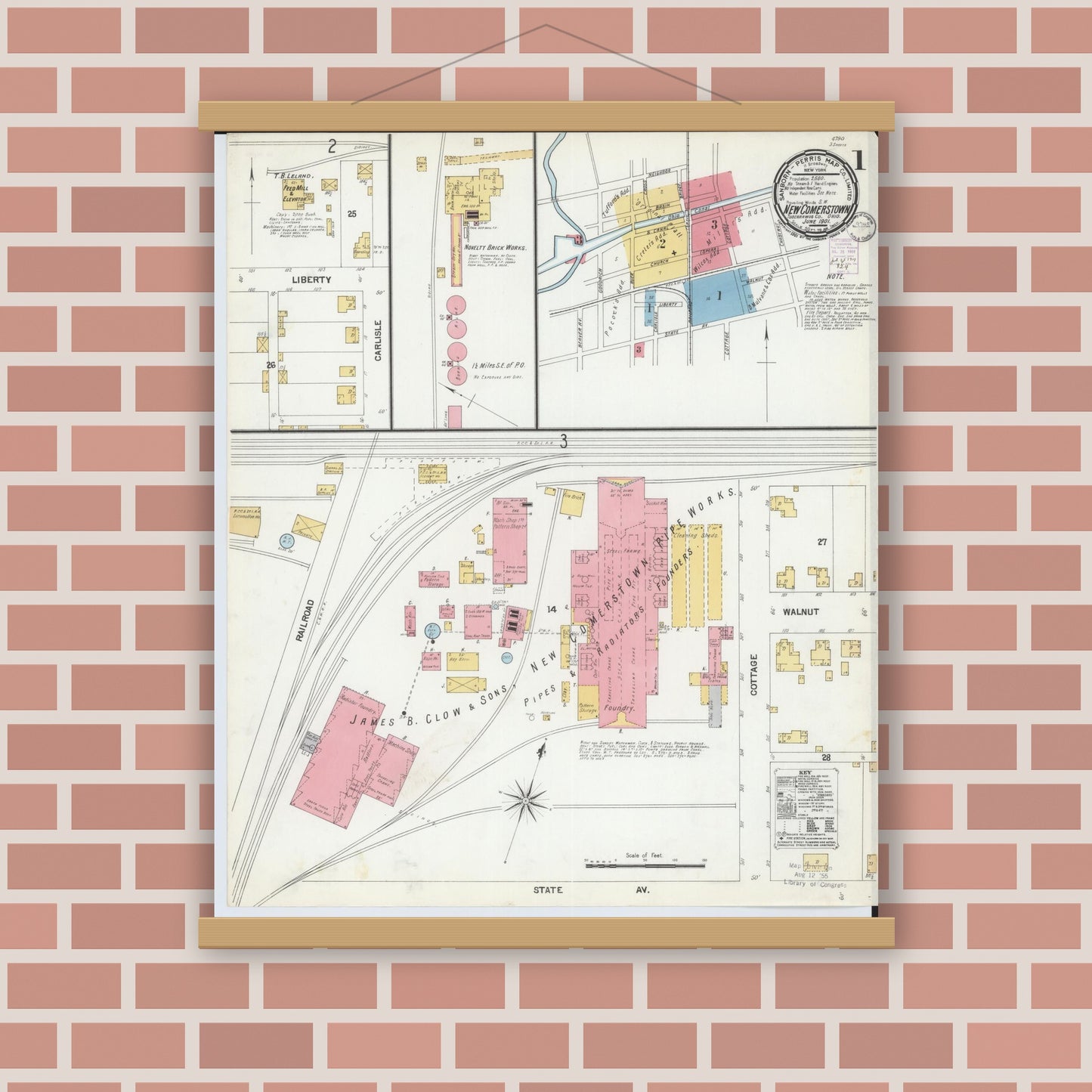 Old map wall art mockup — magnetic wood frame on brick wall — Sanborn Fire Insurance Map from Newcomerstown, Tuscarawas County, Ohio (1901) - Complete Map Set
