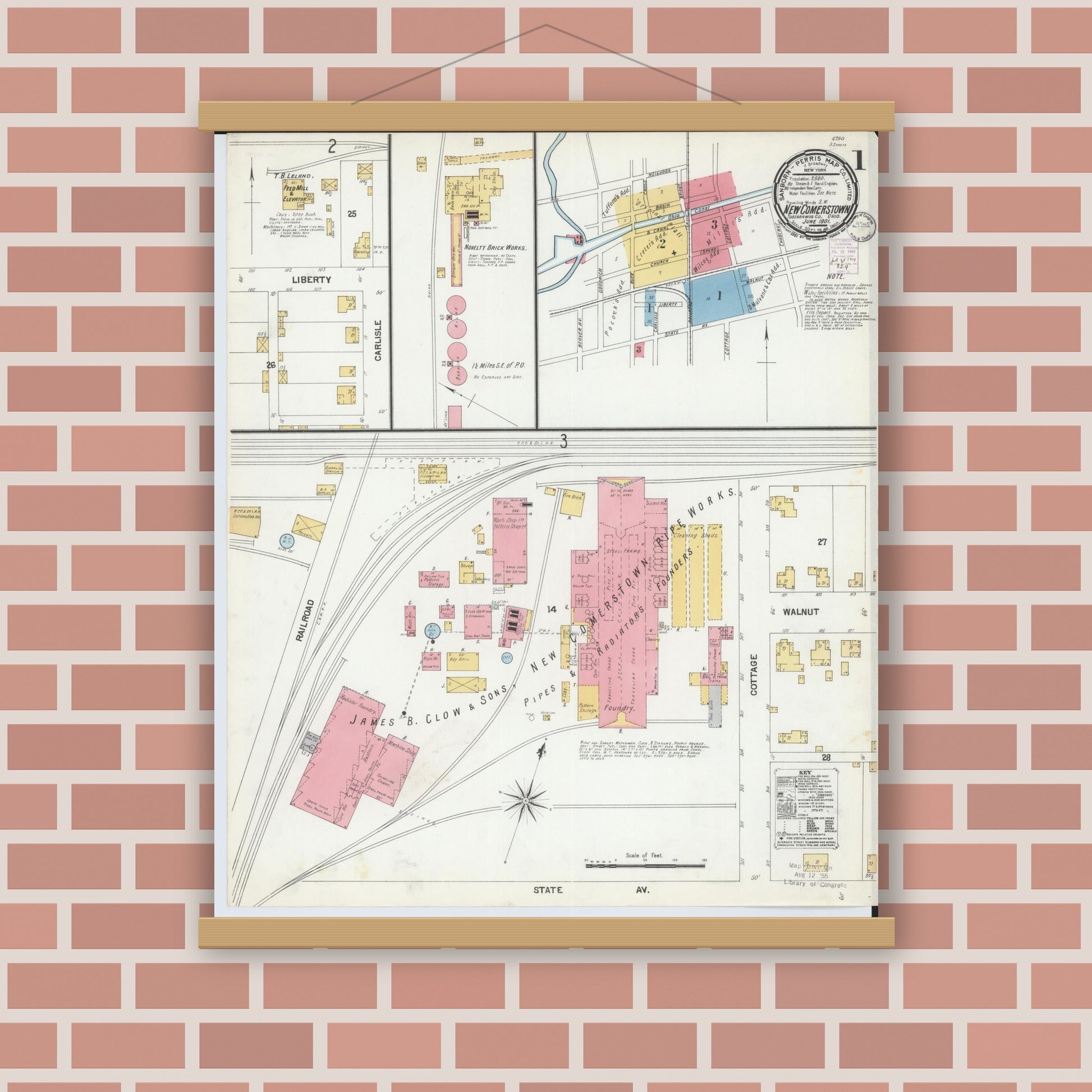 Old map wall art mockup — magnetic wood frame on brick wall — Sanborn Fire Insurance Map from Newcomerstown, Tuscarawas County, Ohio (1901) - Complete Map Set