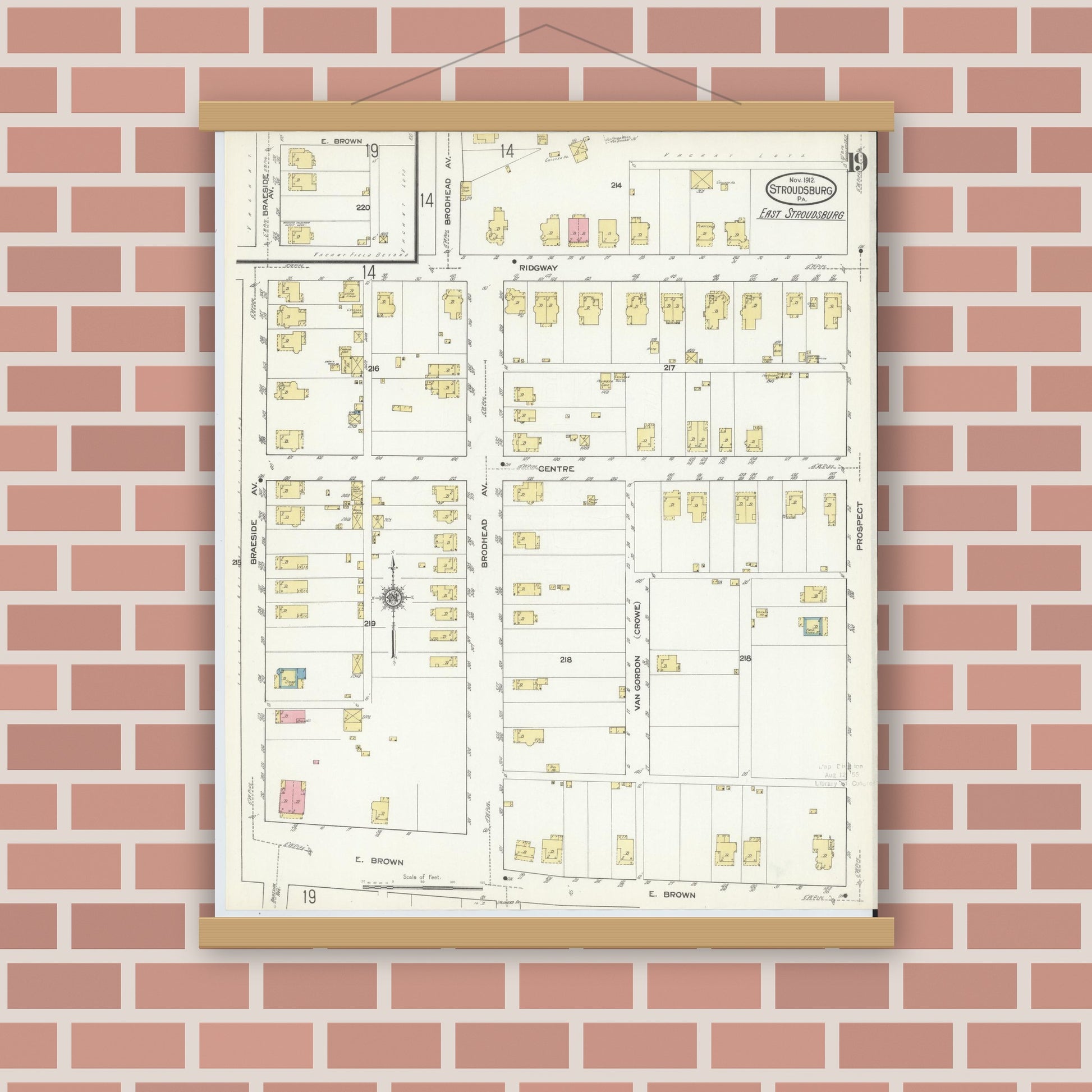 Old map wall art mockup — magnetic wood frame on brick wall — Sanborn Fire Insurance Map from Stroudsburg, Monroe County, Pennsylvania (1912), Sheet #0019