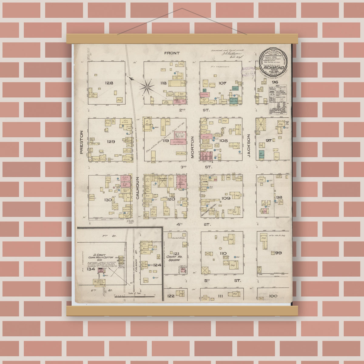 Old map wall art mockup — magnetic wood frame on brick wall — Sanborn Fire Insurance Map from Richmond, Fort Bend County, Texas (1885), Sheet #0001