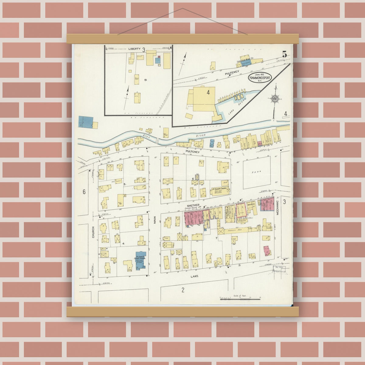 Old map wall art mockup — magnetic wood frame on brick wall — Sanborn Fire Insurance Map from Hammondsport, Steuben County, New York (1913), Sheet #0005