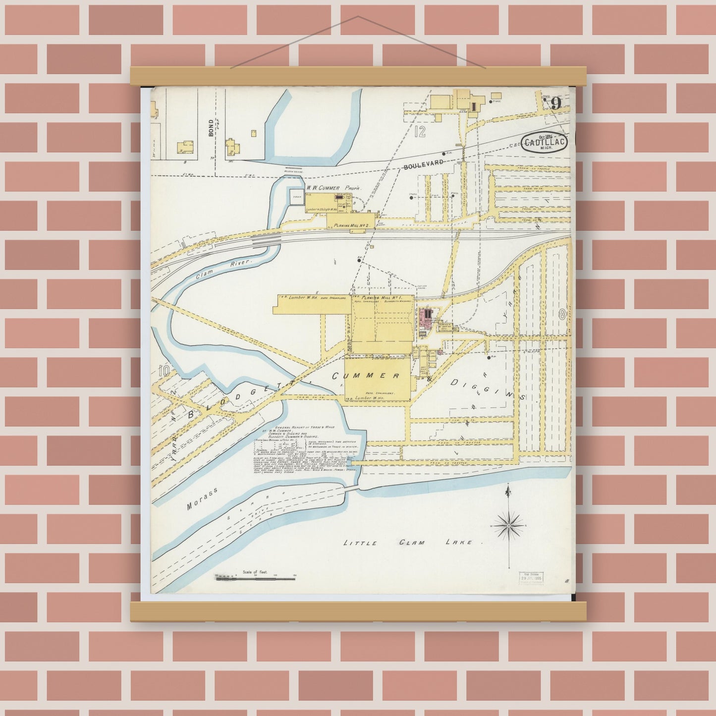 Old map wall art mockup — magnetic wood frame on brick wall — Sanborn Fire Insurance Map from Cadillac, Wexford County, Michigan (1895), Sheet #0009