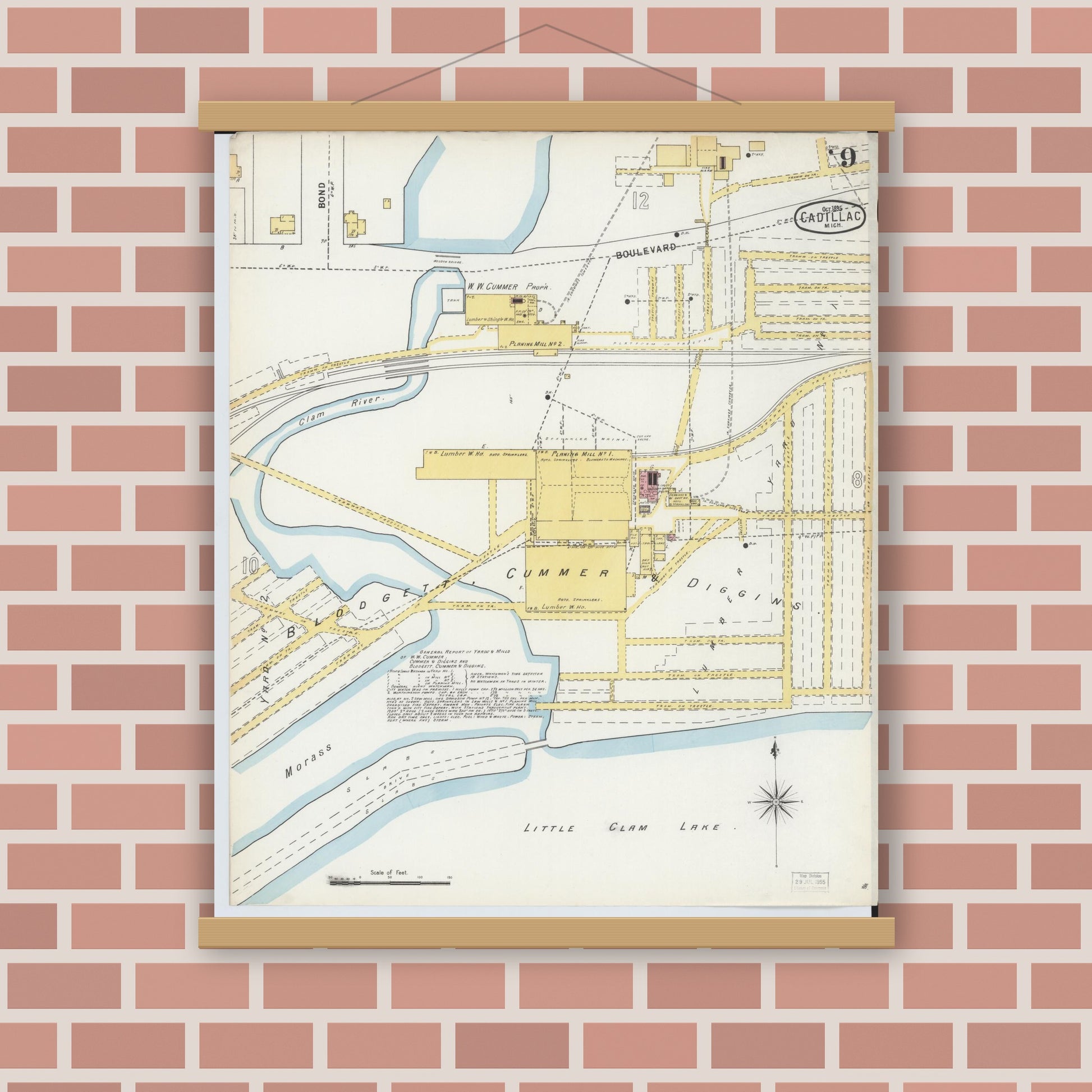 Old map wall art mockup — magnetic wood frame on brick wall — Sanborn Fire Insurance Map from Cadillac, Wexford County, Michigan (1895), Sheet #0009