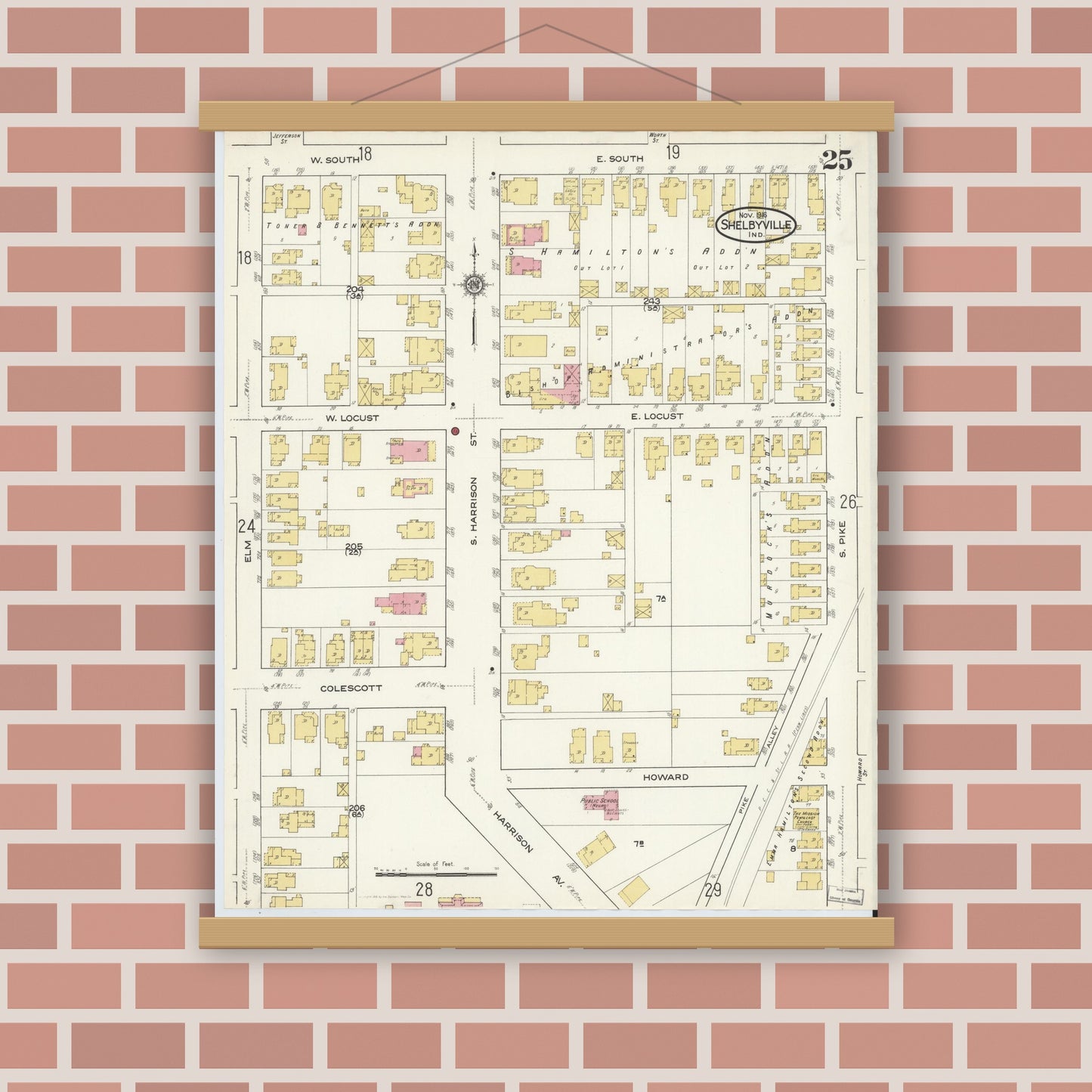 Old map wall art mockup — magnetic wood frame on brick wall — Sanborn Fire Insurance Map from Shelbyville, Shelby County, Indiana (1916), Sheet #0025