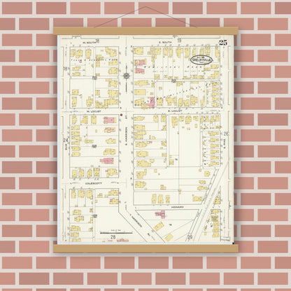 Old map wall art mockup — magnetic wood frame on brick wall — Sanborn Fire Insurance Map from Shelbyville, Shelby County, Indiana (1916), Sheet #0025