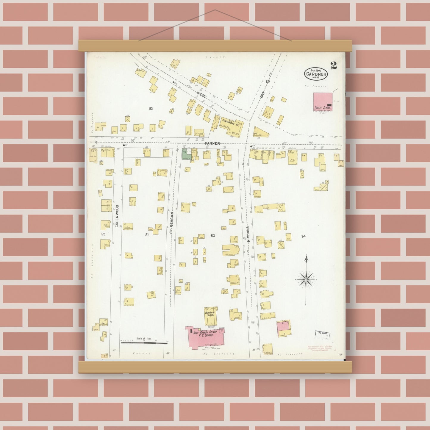 Old map wall art mockup — magnetic wood frame on brick wall — Sanborn Fire Insurance Map from Gardner, Worcester County, Massachusetts (1900), Sheet #0002