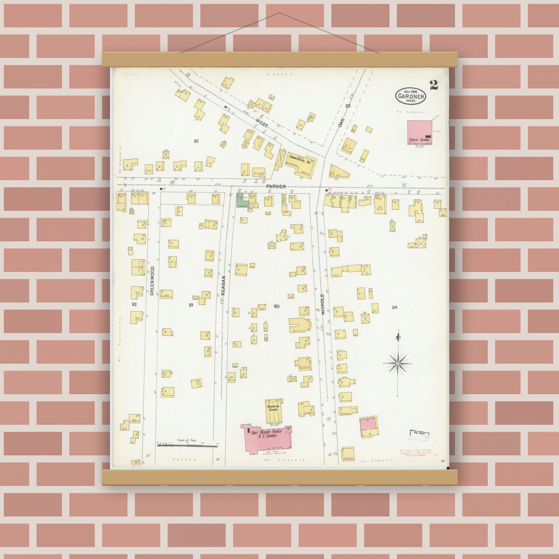 Old map wall art mockup — magnetic wood frame on brick wall — Sanborn Fire Insurance Map from Gardner, Worcester County, Massachusetts (1900), Sheet #0002