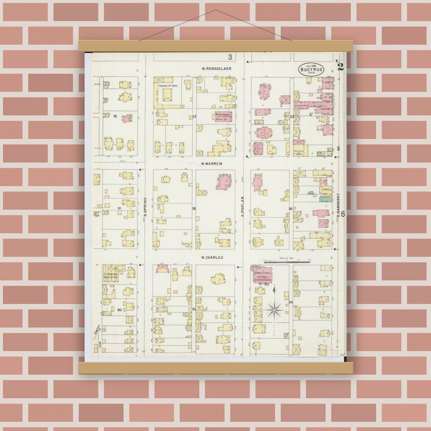 Old map wall art mockup — magnetic wood frame on brick wall — Sanborn Fire Insurance Map from Bucyrus, Crawford County, Ohio (1897), Sheet #0002