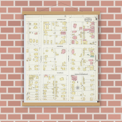 Old map wall art mockup — magnetic wood frame on brick wall — Sanborn Fire Insurance Map from Bucyrus, Crawford County, Ohio (1897), Sheet #0002