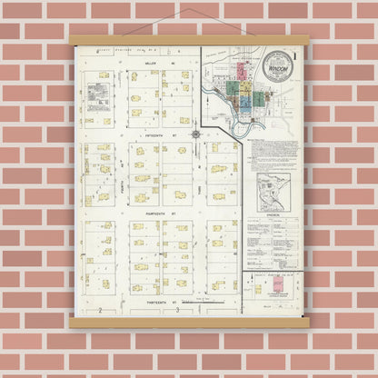 Old map wall art mockup — magnetic wood frame on brick wall — Sanborn Fire Insurance Map from Windom, Cottonwood County, Minnesota (1913), Sheet #0001