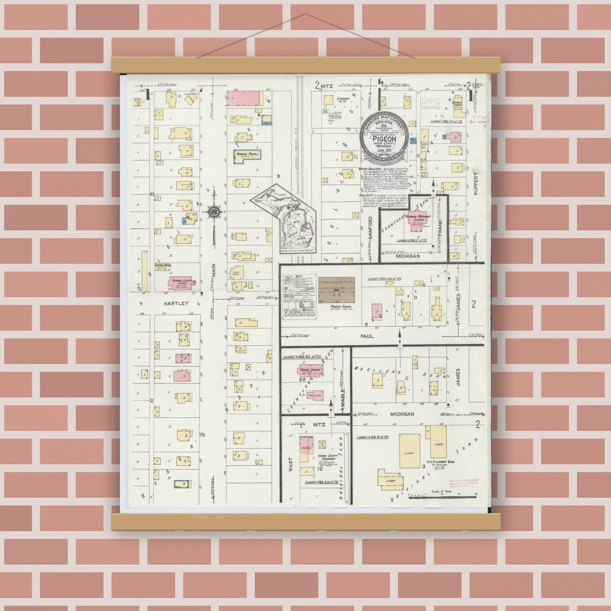 Old map wall art mockup — magnetic wood frame on brick wall — Sanborn Fire Insurance Map from Pigeon, Huron County, Michigan (1924), Sheet #0001