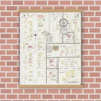 Old map wall art mockup — magnetic wood frame on brick wall — Sanborn Fire Insurance Map from Pigeon, Huron County, Michigan (1924), Sheet #0001