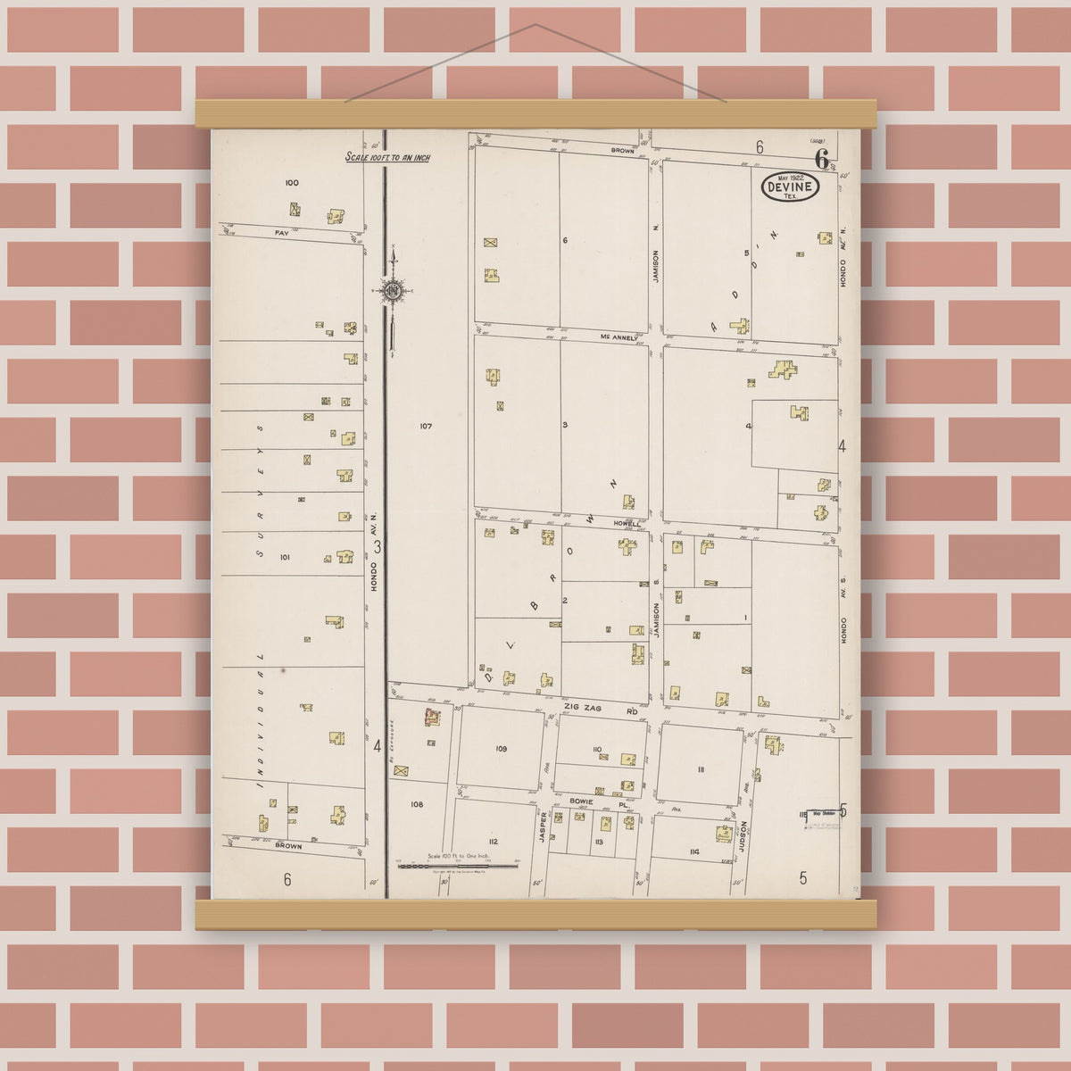 Old map wall art mockup — magnetic wood frame on brick wall — Sanborn Fire Insurance Map from Devine, Medina County, Texas (1922), Sheet #0006
