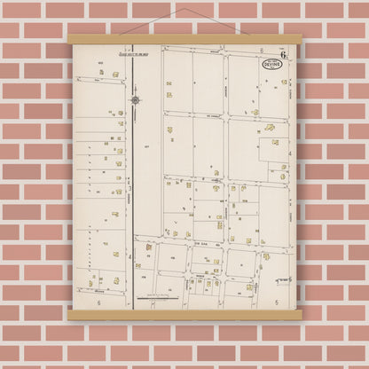 Old map wall art mockup — magnetic wood frame on brick wall — Sanborn Fire Insurance Map from Devine, Medina County, Texas (1922), Sheet #0006