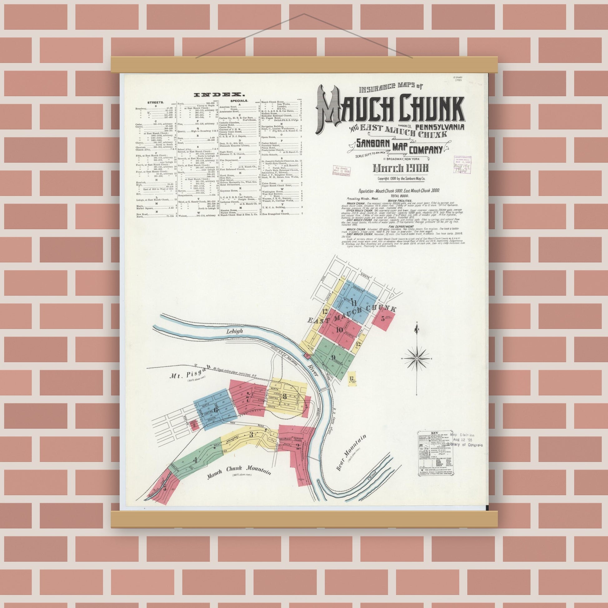 Old map wall art mockup — magnetic wood frame on brick wall — Sanborn Fire Insurance Map from Mauch Chunk, Carbon County, Pennsylvania (1908) - Complete Map Set