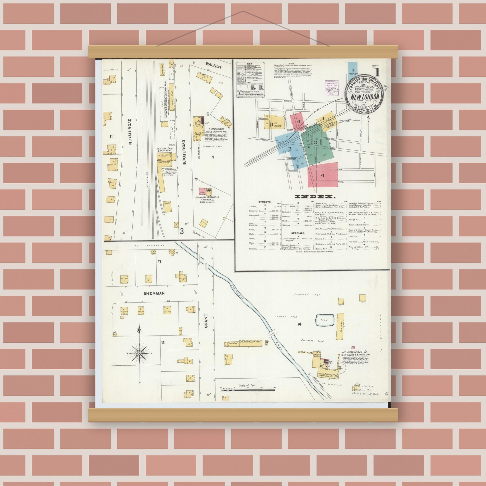 Old map wall art mockup — magnetic wood frame on brick wall — Sanborn Fire Insurance Map from New London, Huron County, Ohio (1904) - Complete Map Set