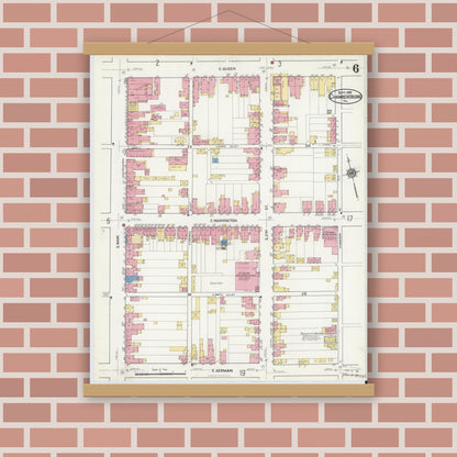 Old map wall art mockup — magnetic wood frame on brick wall — Sanborn Fire Insurance Map from Chambersburg, Franklin County, Pennsylvania (1916), Sheet #0006