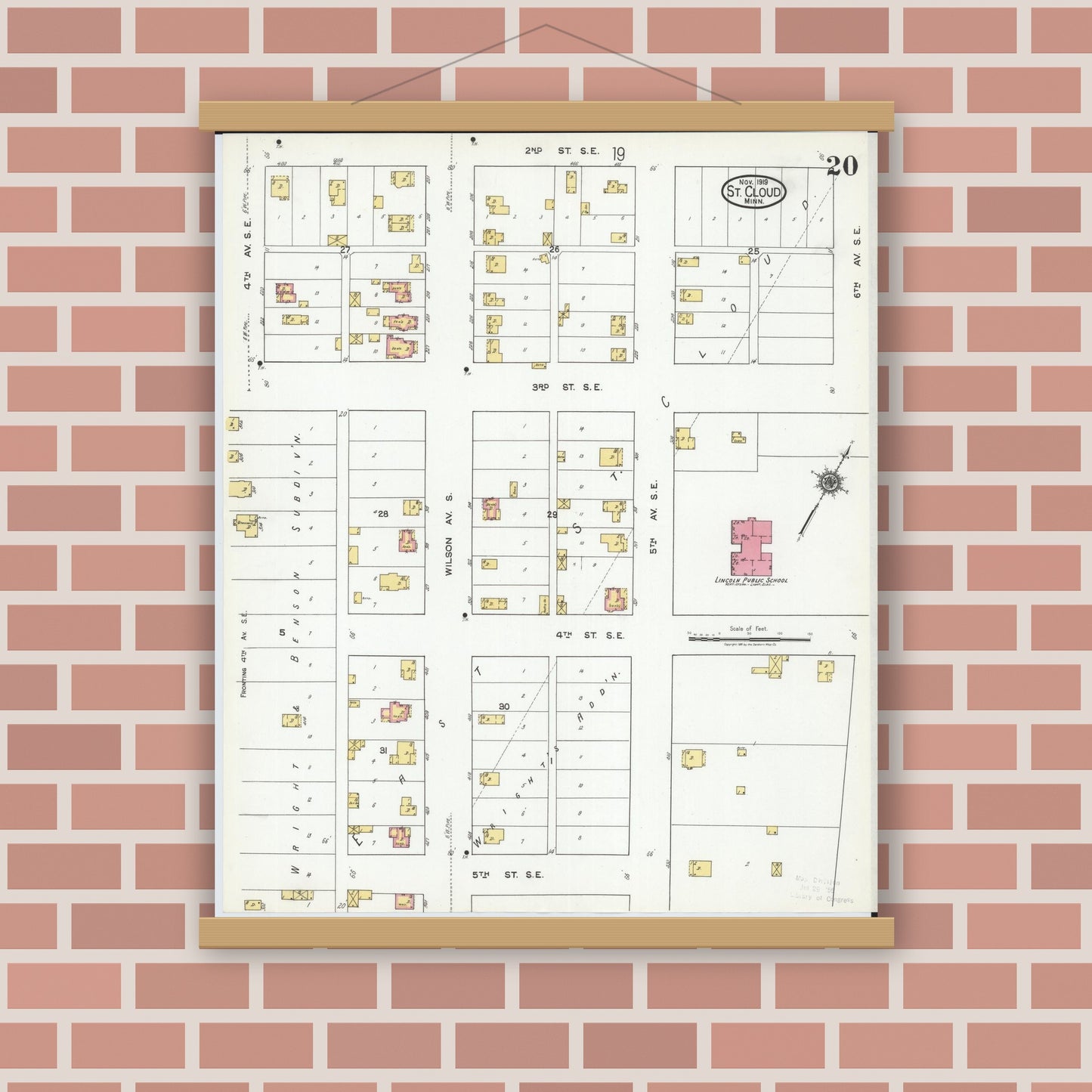 Old map wall art mockup — magnetic wood frame on brick wall — Sanborn Fire Insurance Map from Saint Cloud, Stearns, Benton, and Sherburne Counties, Minnesota (1919), Sheet #0020
