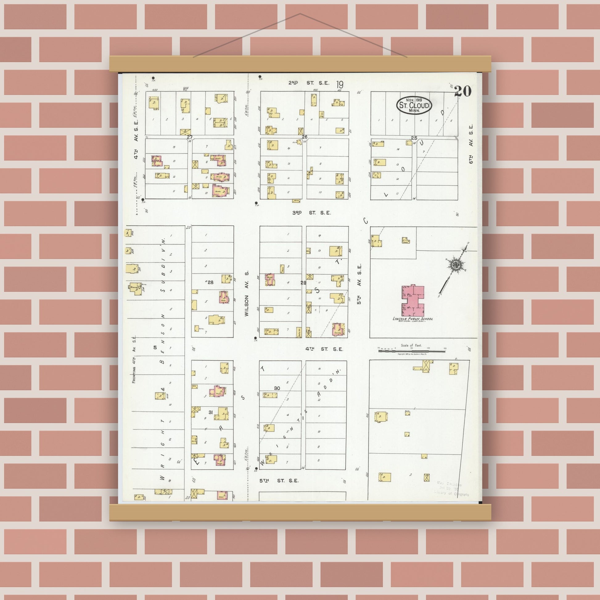 Old map wall art mockup — magnetic wood frame on brick wall — Sanborn Fire Insurance Map from Saint Cloud, Stearns, Benton, and Sherburne Counties, Minnesota (1919), Sheet #0020