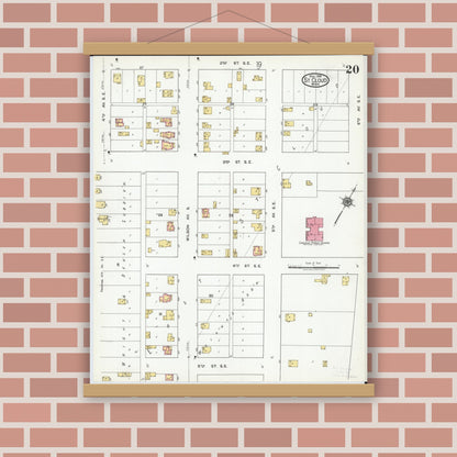 Old map wall art mockup — magnetic wood frame on brick wall — Sanborn Fire Insurance Map from Saint Cloud, Stearns, Benton, and Sherburne Counties, Minnesota (1919), Sheet #0020
