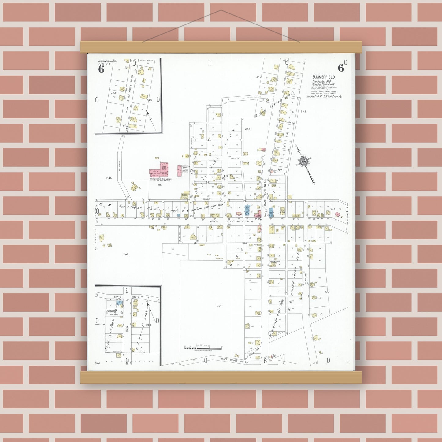 Old map wall art mockup — magnetic wood frame on brick wall — Sanborn Fire Insurance Map from Caldwell, Noble County, Ohio (1948), Sheet #0006