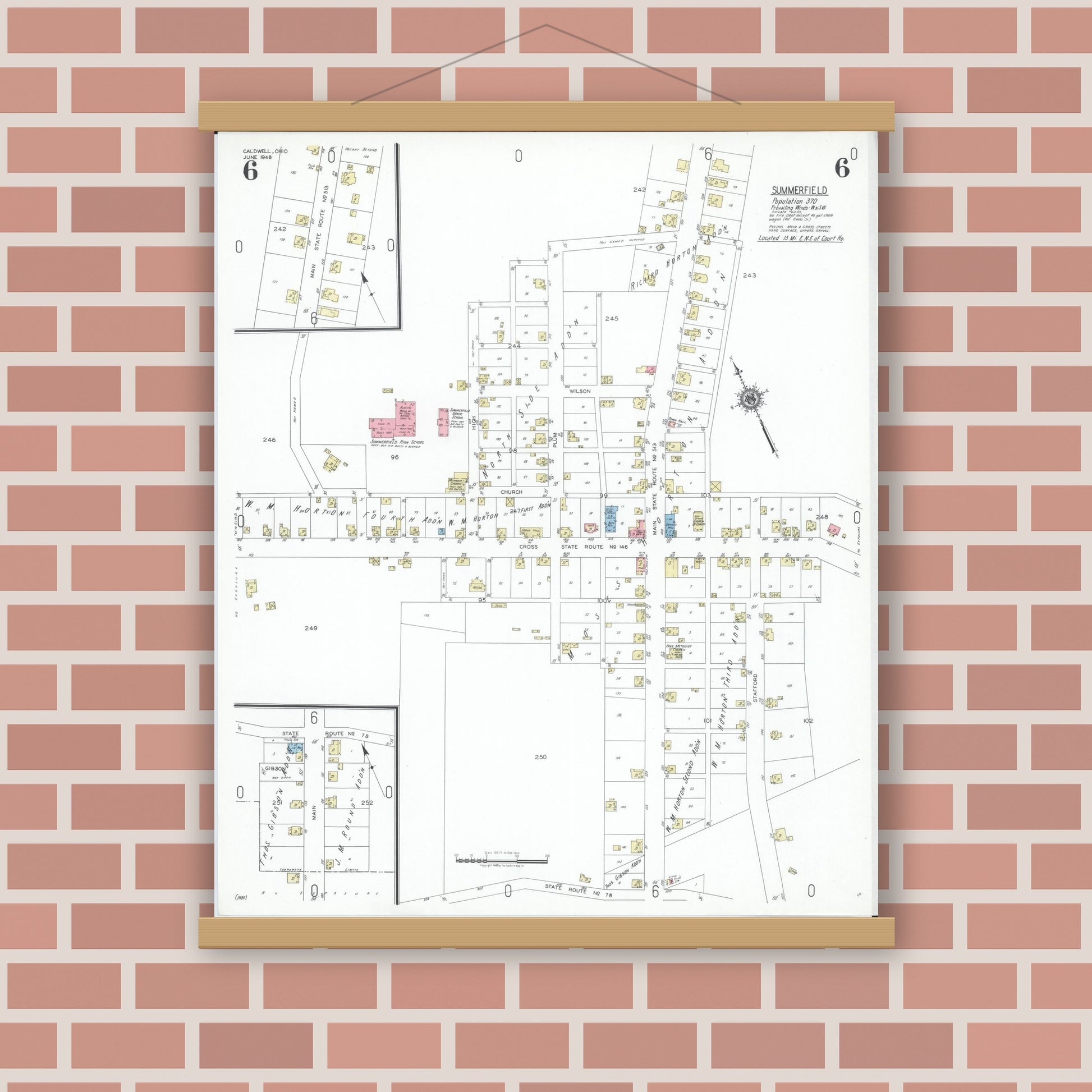 Old map wall art mockup — magnetic wood frame on brick wall — Sanborn Fire Insurance Map from Caldwell, Noble County, Ohio (1948), Sheet #0006