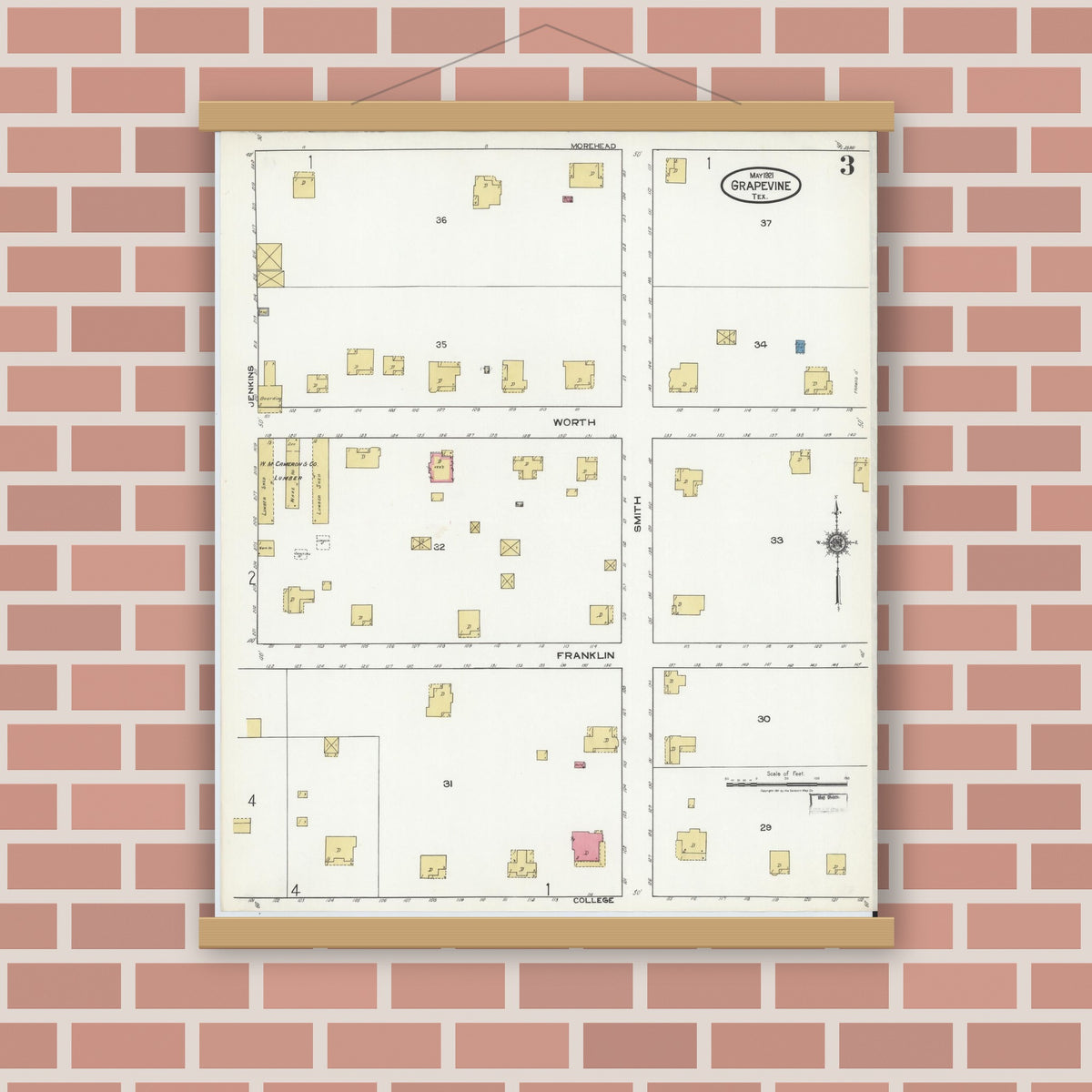 Old map wall art mockup — magnetic wood frame on brick wall — Sanborn Fire Insurance Map from Grapevine, Tarrant County, Texas (1921), Sheet #0003