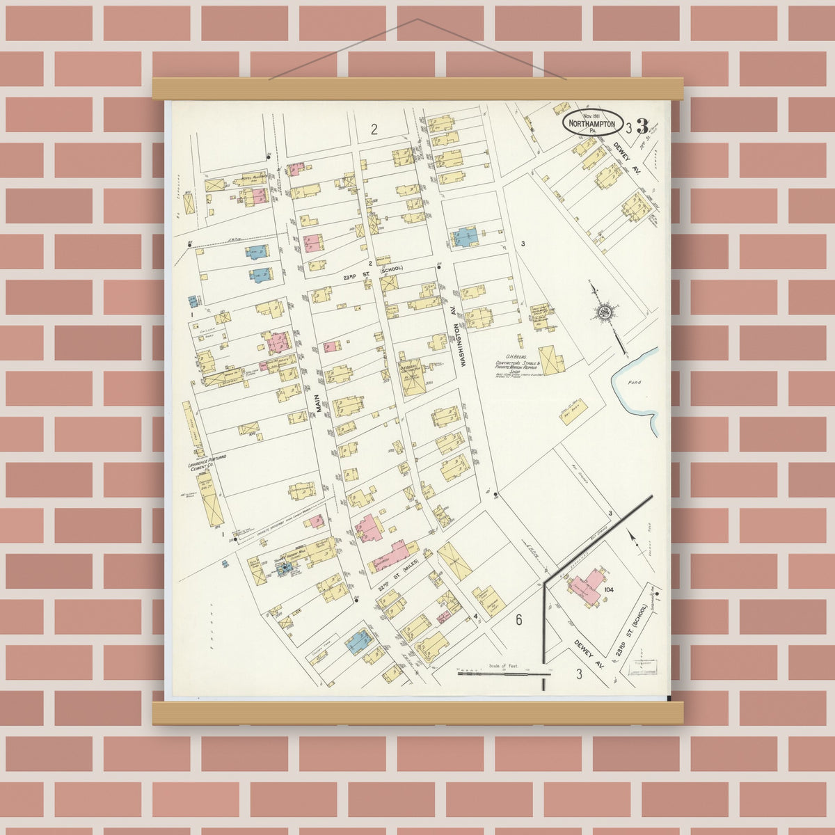 Old map wall art mockup — magnetic wood frame on brick wall — Sanborn Fire Insurance Map from Northampton, Northampton County, Pennsylvania (1911), Sheet #0003