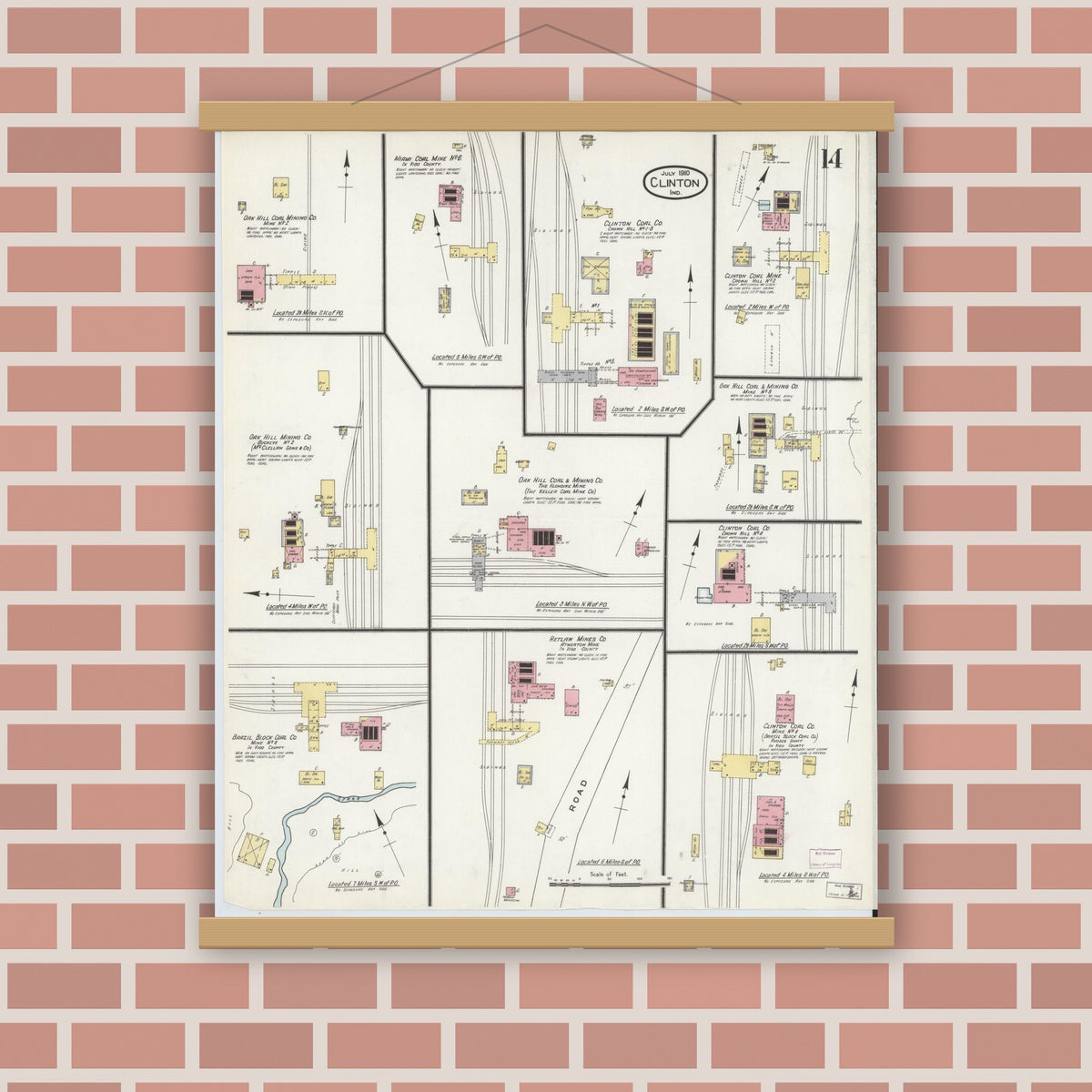 Old map wall art mockup — magnetic wood frame on brick wall — Sanborn Fire Insurance Map from Clinton, Vermillion County, Indiana (1910), Sheet #0014