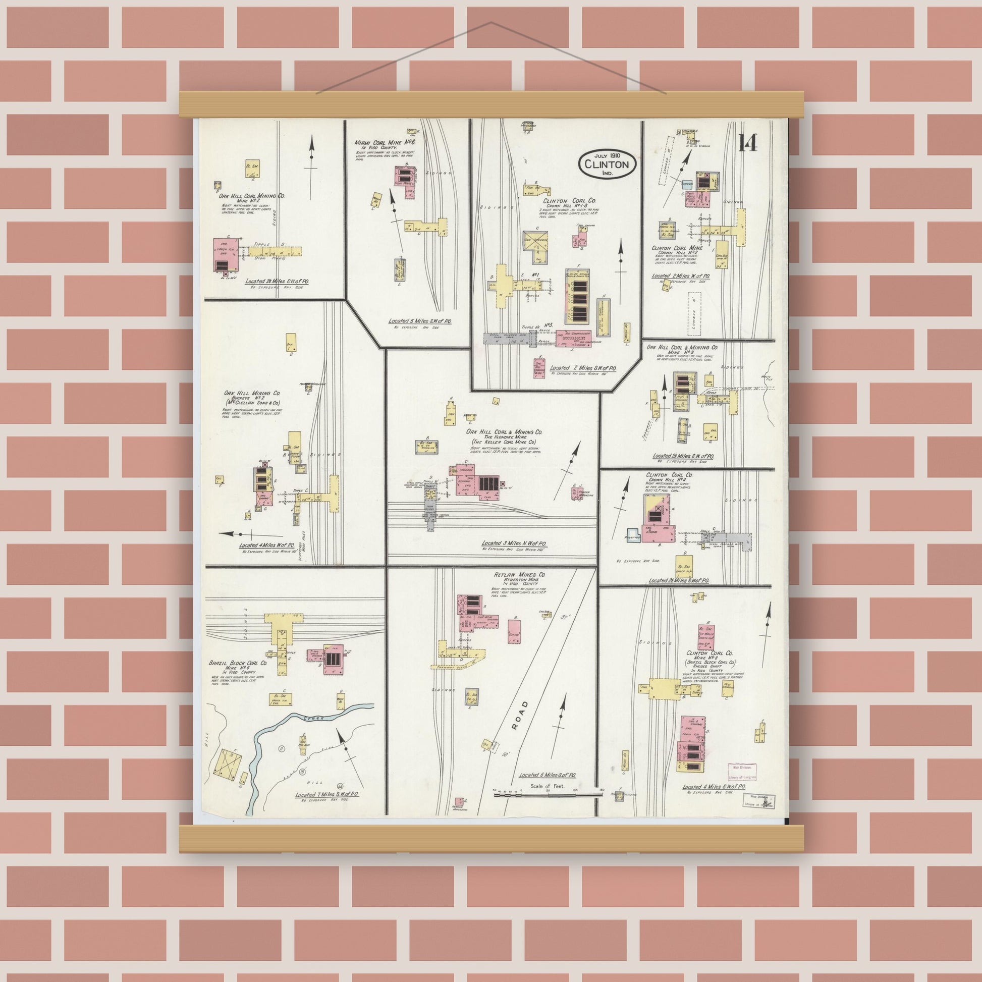 Old map wall art mockup — magnetic wood frame on brick wall — Sanborn Fire Insurance Map from Clinton, Vermillion County, Indiana (1910), Sheet #0014
